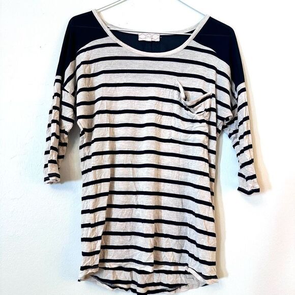 Pink Rose Striped Half Sleeve Sheer Yoke Rayon Blend Pocket Tee Black Pink Large - Picture 1 of 4